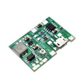 J5019 Hw 357: Versatile Li-ion Charger And Boost Module For a Wide Range Of Applications - a green rectangular circuit board featuring a micro-USB port, a small adjustable potentiometer, and various surface-mount components.