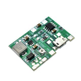 J5019 Hw 357: Versatile Li-ion Charger And Boost Module For a Wide Range Of Applications - a green rectangular circuit board featuring a micro-USB port, a small adjustable potentiometer, and various surface-mount components.