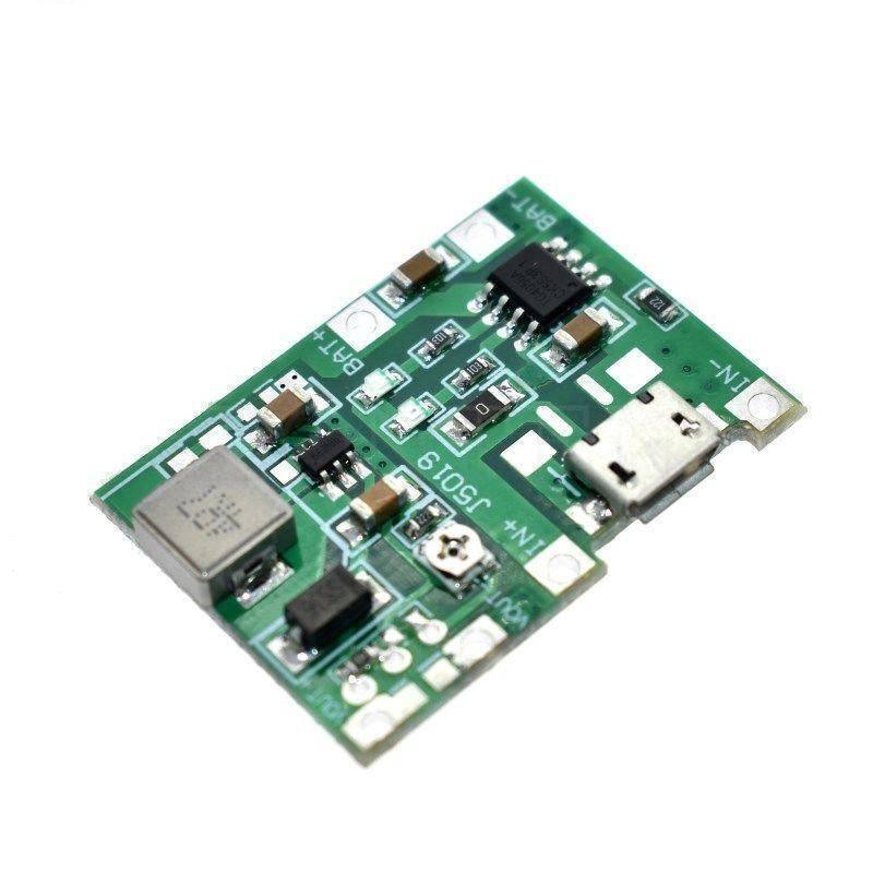 J5019 Hw 357: Versatile Li-ion Charger And Boost Module For a Wide Range Of Applications - a green rectangular circuit board featuring a micro-USB port, a small adjustable potentiometer, and various surface-mount components.