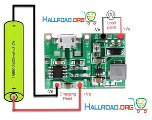 J5019 Hw 357: Versatile Li-ion Charger And Boost Module For a Wide Range Of Applications - shown with a green 18650 battery, a micro-USB port, and a load point diagram with red and black wiring connections.