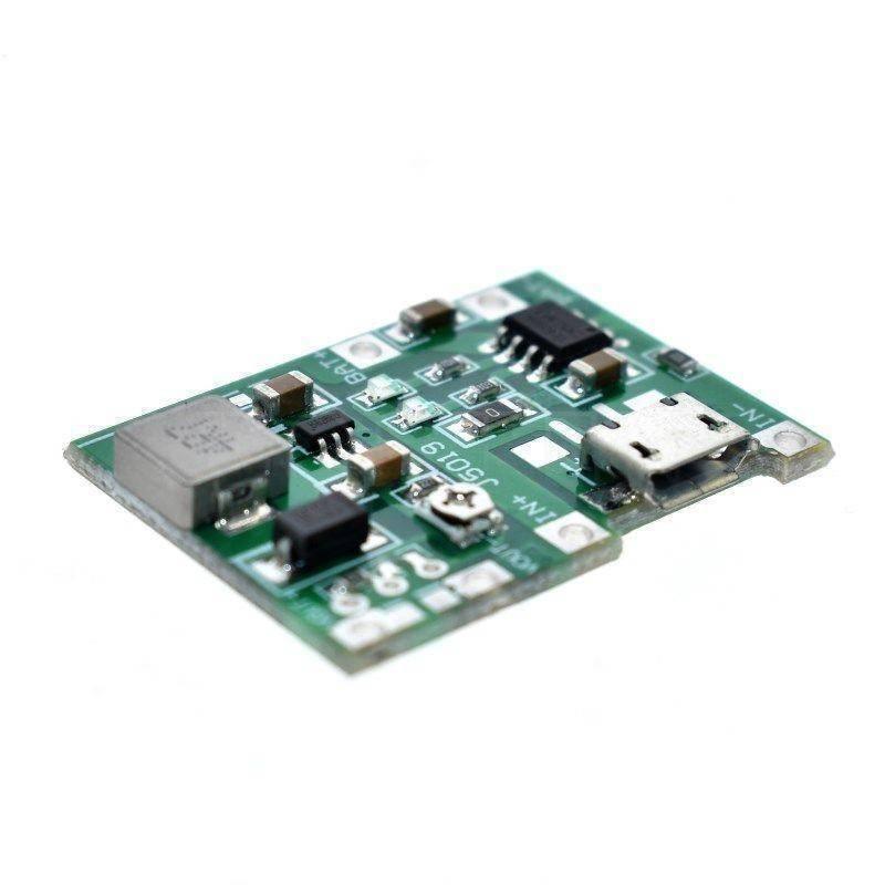J5019 Hw 357: Versatile Li-ion Charger And Boost Module For a Wide Range Of Applications - a green rectangular circuit board featuring a micro-USB port, a small adjustable potentiometer, and various surface-mount components.