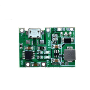 J5019 Hw 357: Versatile Li-ion Charger And Boost Module For a Wide Range Of Applications - a green rectangular circuit board featuring a micro-USB port, four solder pads labeled IN+, IN-, BAT+, and BAT-, and two VOUT pads.