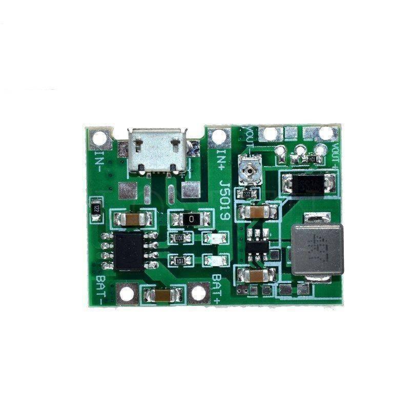 J5019 Hw 357: Versatile Li-ion Charger And Boost Module For a Wide Range Of Applications - a green rectangular circuit board featuring a micro-USB port, four solder pads labeled IN+, IN-, BAT+, and BAT-, and two VOUT pads.