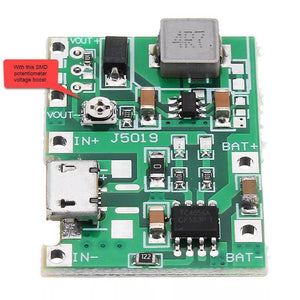J5019 Hw 357: Versatile Li-ion Charger And Boost Module For a Wide Range Of Applications - a green circuit board with a micro-USB port, a small adjustable potentiometer, a battery connector, and output terminals.