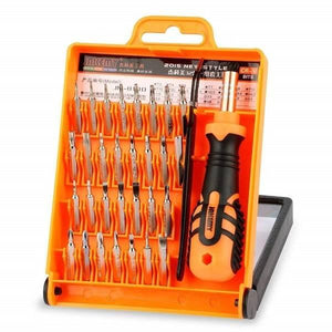 Jakemy 32 In 1 Multifunctional Screwdriver Set Tool Kit Jm-8100 For Mobile Phone Pc Repair - a yellow plastic case containing an orange and black handle and various metal screwdriver bits.