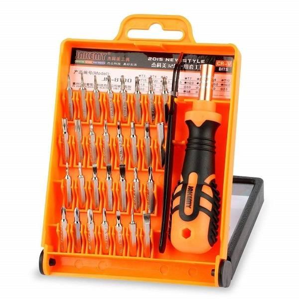 Jakemy 32 In 1 Multifunctional Screwdriver Set Tool Kit Jm-8100 For Mobile Phone Pc Repair - a yellow plastic case containing an orange and black handle and various metal screwdriver bits.