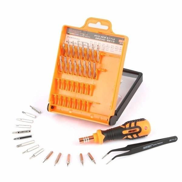 Jakemy 32 In 1 Multifunctional Screwdriver Set Tool Kit Jm-8100 For Mobile Phone Pc Repair - an orange and black handle, tweezers, and various screwdriver bits arranged in a case.