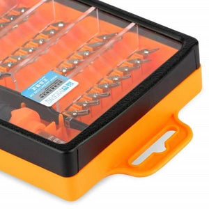 Jakemy 32 In 1 Multifunctional Screwdriver Set Tool Kit Jm-8100 For Mobile Phone Pc Repair - a close-up of the orange and black plastic storage case showing internal compartments with various screwdriver bits.