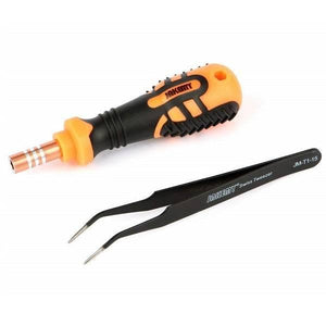 Jakemy 32 In 1 Multifunctional Screwdriver Set Tool Kit Jm-8100 For Mobile Phone Pc Repair - an orange and black screwdriver handle and a pair of black curved tweezers.