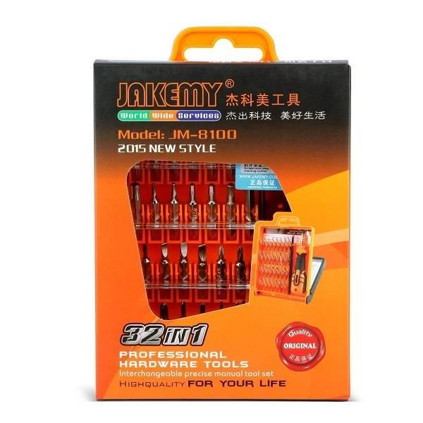 Jakemy 32 In 1 Multifunctional Screwdriver Set Tool Kit Jm-8100 For Mobile Phone Pc Repair - the tool kit contents and handle through a die-cut window.