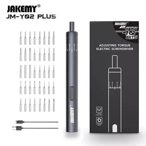 Jakemy 39 In 1 Adjustable Torque Electronic Screwdriver Screw Driver Tools Set Kit - Jakemy JM-Y02 PLUS electric screwdriver set featuring a grey cylindrical driver, 39 bits, a charging cable, and the product packaging box.