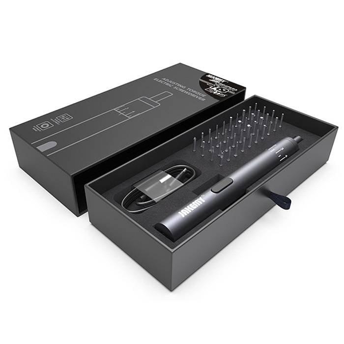 Jakemy 39 In 1 Adjustable Torque Electronic Screwdriver Screw Driver Tools Set Kit - shown in its open black storage box with a grey electric screwdriver, bits, and a charging cable.
