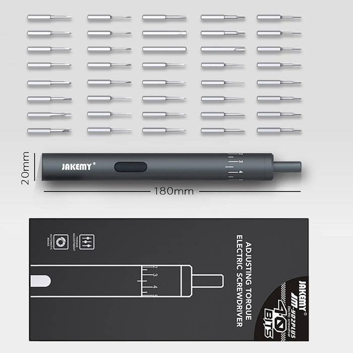 Jakemy 39 In 1 Adjustable Torque Electronic Screwdriver Screw Driver Tools Set Kit - a grey electric screwdriver, 40 bits, and packaging with a torque adjustment diagram.