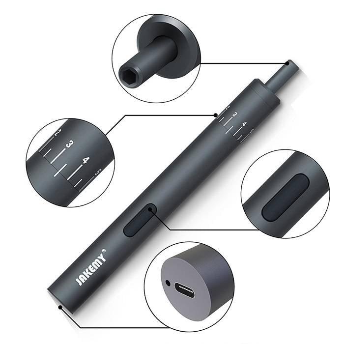 Jakemy 39 In 1 Adjustable Torque Electronic Screwdriver Screw Driver Tools Set Kit - a grey cylindrical tool with a USB-C charging port, a control button, and torque markings.