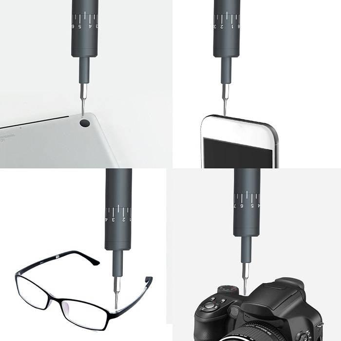 Jakemy 39 In 1 Adjustable Torque Electronic Screwdriver Screw Driver Tools Set Kit - shown in four close-up shots repairing a tablet, smartphone, eyeglasses, and a digital camera.