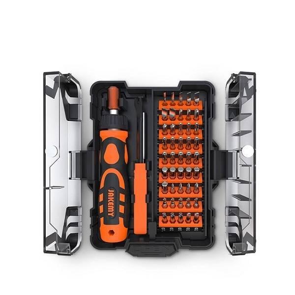 Jakemy 48 In 1 Portable Ratchet Handle Screwdriver Set Tool Kit Jm-6124 - shown in an open black and orange plastic case with a ratchet handle and various bits.