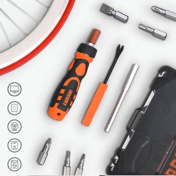 Jakemy 48 In 1 Portable Ratchet Handle Screwdriver Set Tool Kit Jm-6124 - the orange and black handle, a pry tool, extension bar, and various screwdriver bits.