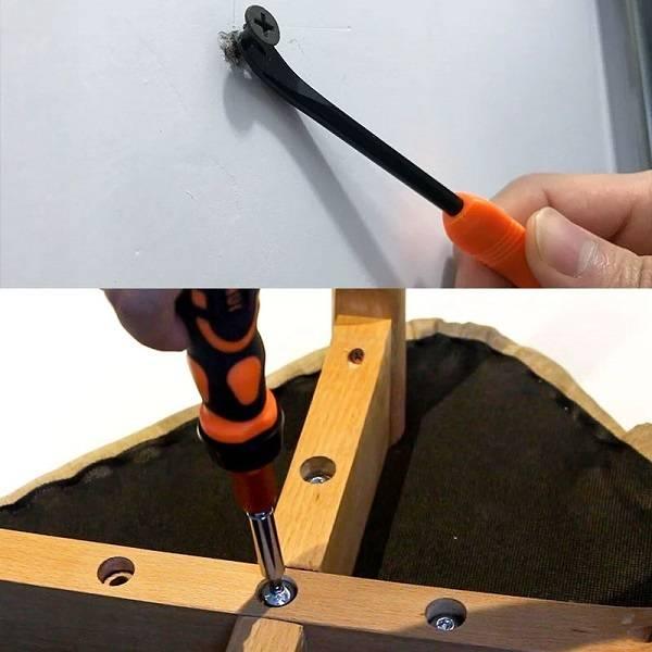 Jakemy 48 In 1 Portable Ratchet Handle Screwdriver Set Tool Kit Jm-6124 - the orange and black handle being used to turn screws in two different settings.