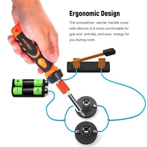 Jakemy 48 In 1 Portable Ratchet Handle Screwdriver Set Tool Kit Jm-6124 - a hand holding the orange and black ratchet handle over a circuit diagram.