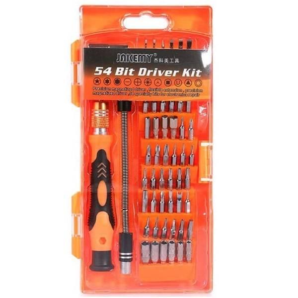 Jakemy 54 In 1 Mini Bits Screwdriver Set Repair Tool Kit Jm-8125 For Cell Phone Tablet Pc Macbook Electronics - an open orange plastic case containing a screwdriver handle, a flexible extension shaft, and an assortment of metal bits.