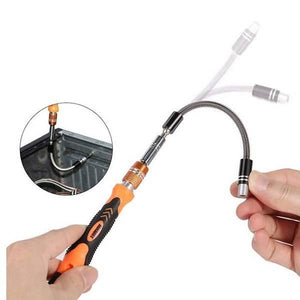 Jakemy 54 In 1 Mini Bits Screwdriver Set Repair Tool Kit Jm-8125 For Cell Phone Tablet Pc Macbook Electronics - a flexible extension shaft attached to an orange and black handle, with an inset view of it in use.