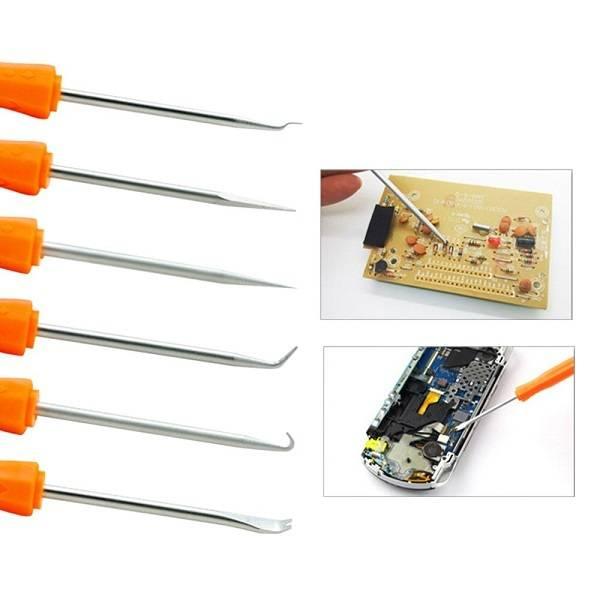 Jakemy 6 In 1 Soldering Repairing Assist Tools Set Kit Toolkit JM-Z01 - six tools with orange handles and metal tips, with two insets demonstrating their use.