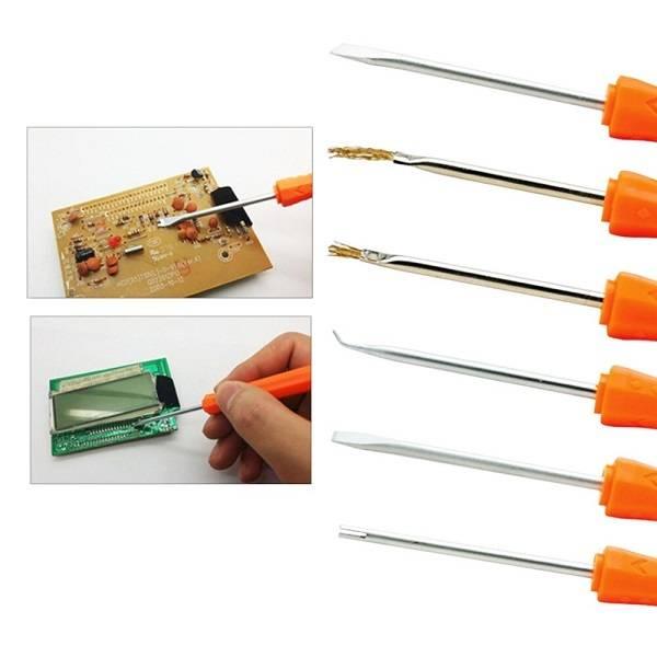 Jakemy 6 In 1 Soldering Repairing Assist Tools Set Kit Toolkit JM-Z01 - six orange-handled tools with various tips and two close-ups of them used on circuit boards.