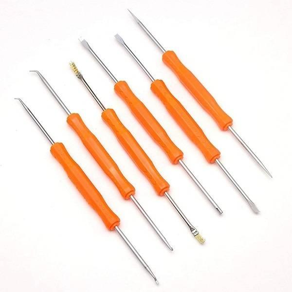 Jakemy 6 In 1 Soldering Repairing Assist Tools Set Kit Toolkit JM-Z01 - six double-ended metal tools with orange plastic handles arranged diagonally.