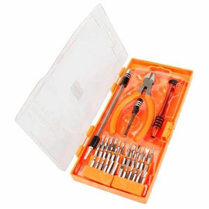 Jakemy 8136 40 In 1 Precision Screwdriver Kit For Mobile Phones - an open orange plastic case containing a set of screwdriver bits, a pair of pliers, and a handle.