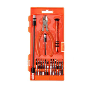 Jakemy 8136 40 In 1 Precision Screwdriver Kit For Mobile Phones - an orange plastic case containing a pair of pliers, a screwdriver handle, and various metal bits.