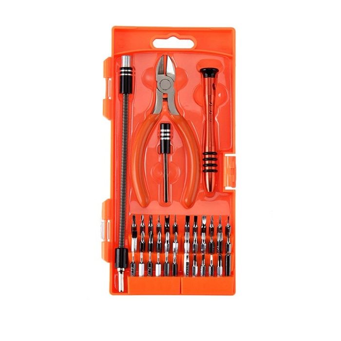 Jakemy 8136 40 In 1 Precision Screwdriver Kit For Mobile Phones - an orange plastic case containing a pair of pliers, a screwdriver handle, and various metal bits.