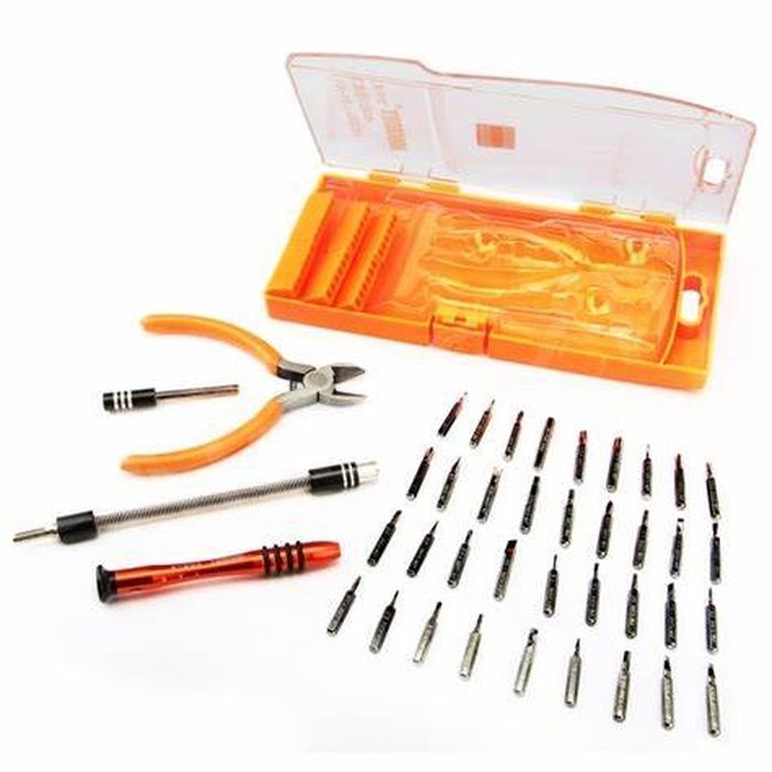 Jakemy 8136 40 In 1 Precision Screwdriver Kit For Mobile Phones - an orange plastic case, a pair of wire cutters, a flexible extension rod, a handle, and 30 bits.