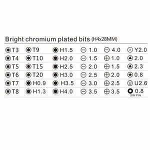 Jakemy 8136 40 In 1 Precision Screwdriver Kit For Mobile Phones - a technical specification chart listing the included bright chromium plated bit types and sizes.