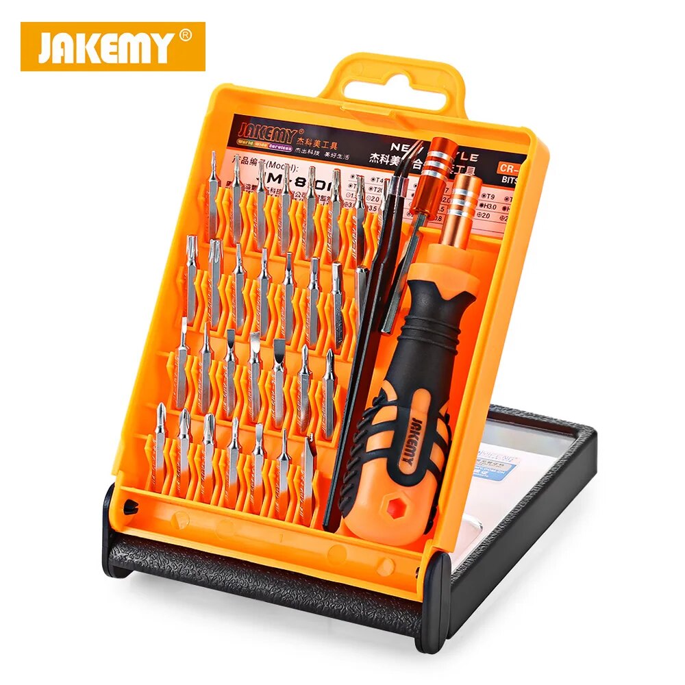 Jakemy Jm-8101 33 In 1 Multifunctional Precision Screwdriver Set For Iphone Laptop Mini Electronic Bits Repair Tools Kit Set - an orange and black handle, tweezers, and multiple metal bits arranged in an open case.