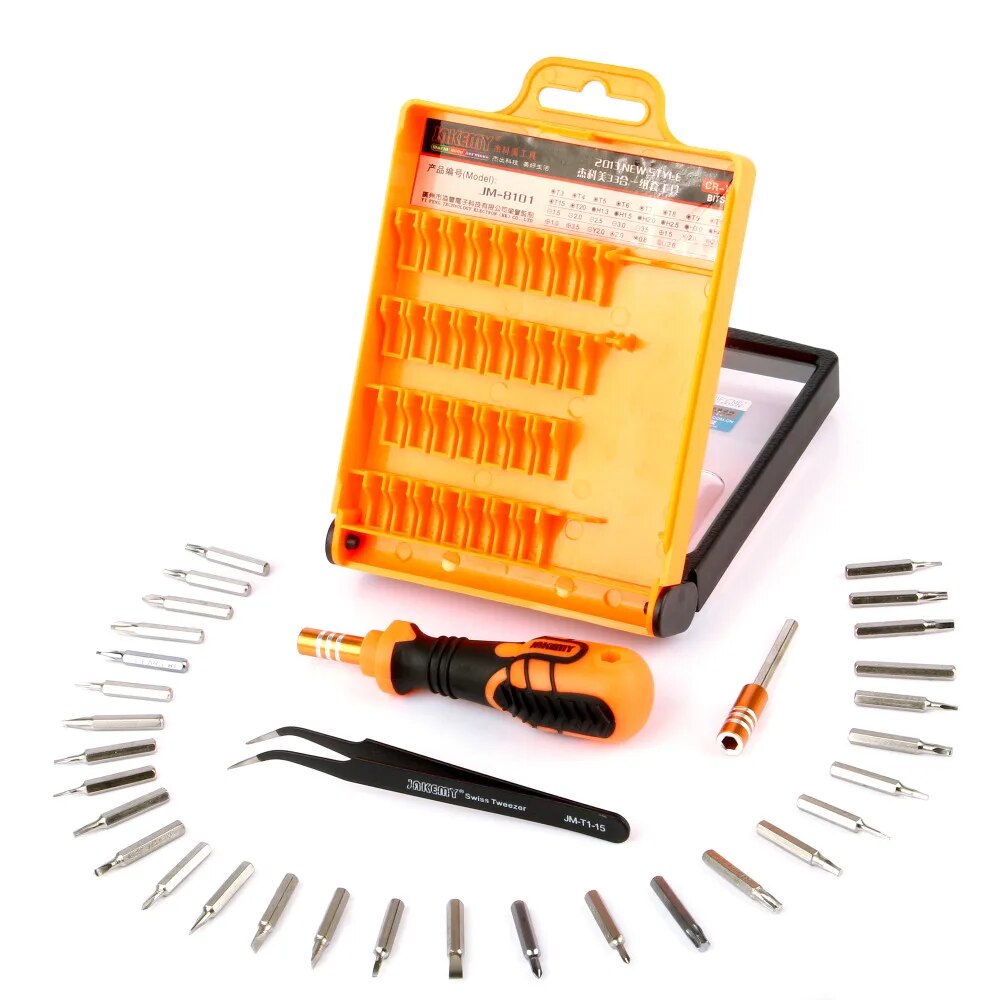 Jakemy Jm-8101 33 In 1 Multifunctional Precision Screwdriver Set For Iphone Laptop Mini Electronic Bits Repair Tools Kit Set - an orange and black handle, tweezers, an extension bar, and various metal bits arranged around it.