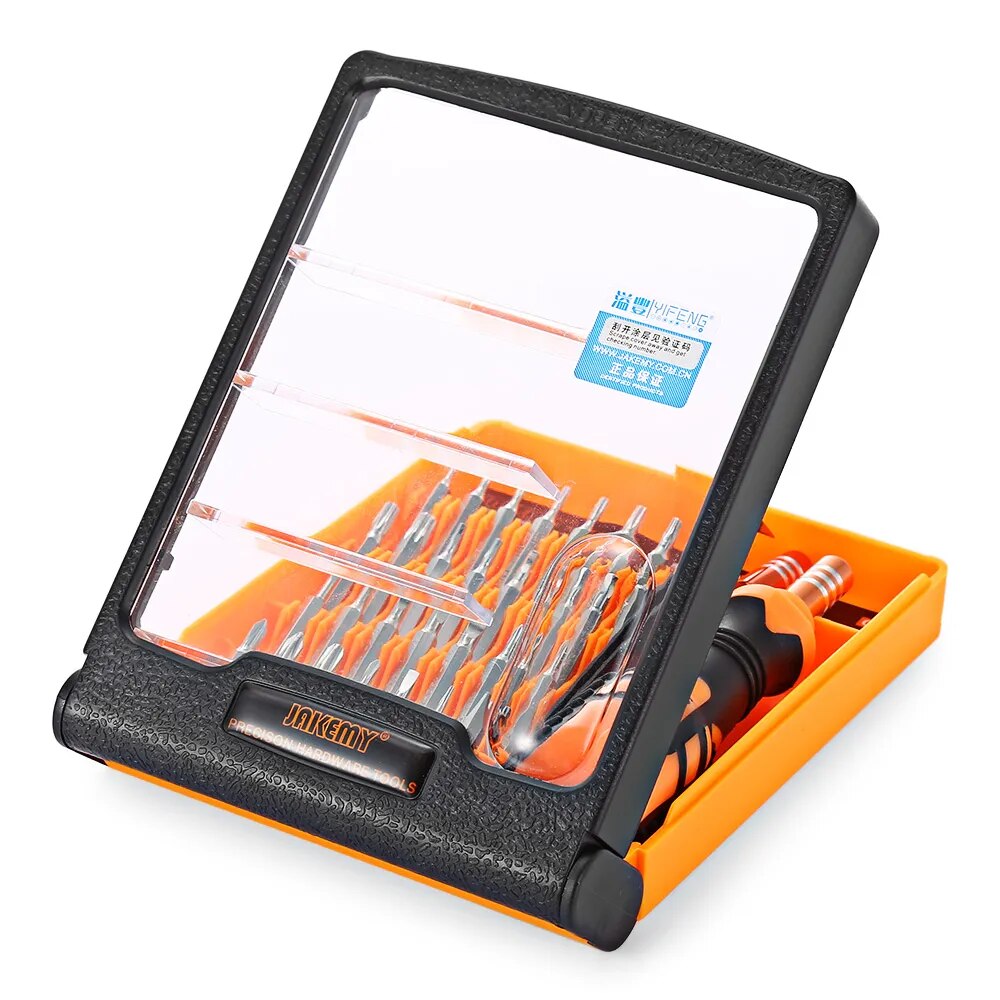 Jakemy Jm-8101 33 In 1 Multifunctional Precision Screwdriver Set For Iphone Laptop Mini Electronic Bits Repair Tools Kit Set - an open orange and black plastic storage case with a clear lid and visible metal screwdriver bits.