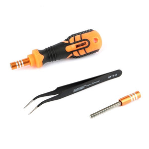 Jakemy Jm-8101 33 In 1 Multifunctional Precision Screwdriver Set For Iphone Laptop Mini Electronic Bits Repair Tools Kit Set - an orange and black handle, a pair of black curved tweezers, and a single metal screwdriver bit.