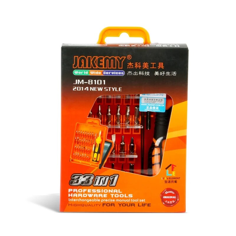 Jakemy Jm-8101 33 In 1 Multifunctional Precision Screwdriver Set For Iphone Laptop Mini Electronic Bits Repair Tools Kit Set - the tool kit inside its box with a handle and bits.