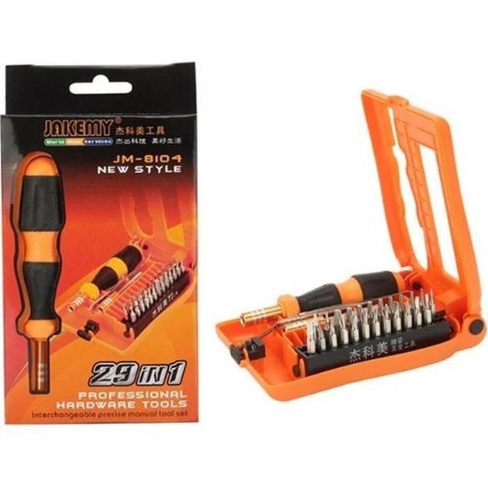 Jakemy Jm-8104 29 In 1 Professional Multifunctional Screwdriver Set - shown with its black and orange packaging box next to an open orange plastic case containing the tools and bits.