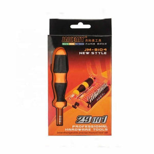 Jakemy Jm-8104 29 In 1 Professional Multifunctional Screwdriver Set - an orange and black handle and a plastic case containing various metal screwdriver bits.
