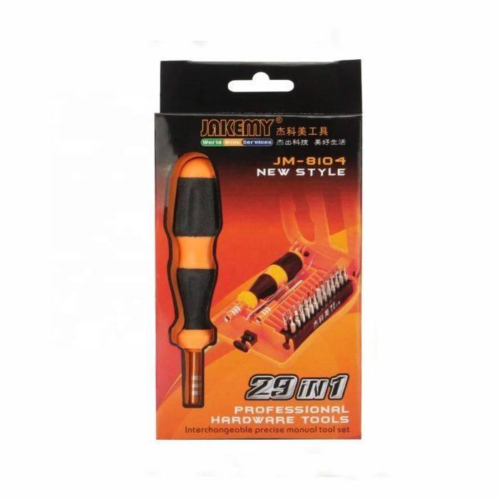 Jakemy Jm-8104 29 In 1 Professional Multifunctional Screwdriver Set - an orange and black handle and a plastic case containing various metal screwdriver bits.