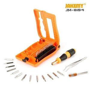 Jakemy Jm-8104 29 In 1 Professional Multifunctional Screwdriver Set - with an open orange plastic case, a handle, tweezers, an extension bar, and various screwdriver bits.