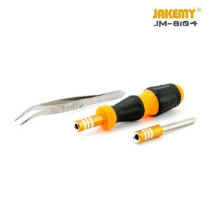 Jakemy Jm-8104 29 In 1 Professional Multifunctional Screwdriver Set - a yellow and black screwdriver handle, one metal screwdriver bit, and silver tweezers on a white background.