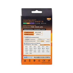 Jakemy Jm-8104 29 In 1 Professional Multifunctional Screwdriver Set - the product model, quantity, accessories list, and a detailed chart of included bit types.
