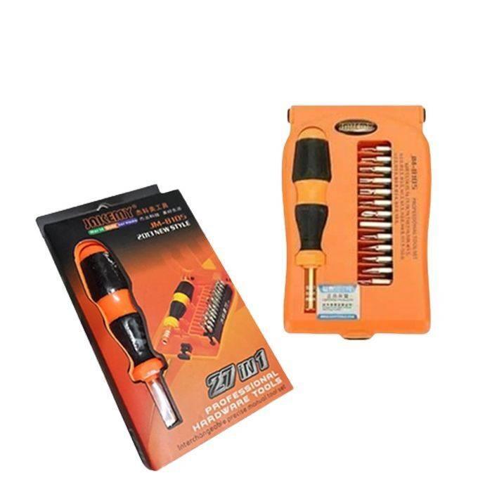 Jakemy Jm-8105 27 In 1 Screwdriver Kit - shown in its orange plastic storage case alongside its black and orange retail packaging.