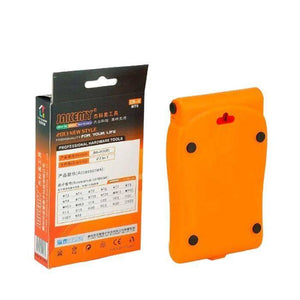 Jakemy Jm-8105 27 In 1 Screwdriver Kit - shown with its orange plastic storage case beside its retail packaging box displaying product specifications.