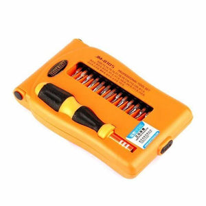 Jakemy Jm-8105 27 In 1 Screwdriver Kit - with a yellow and black handle and an assortment of metal bits visible inside.