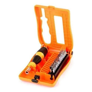 Jakemy Jm-8105 27 In 1 Screwdriver Kit - shown in an open orange plastic case containing a screwdriver handle and a row of various metal screwdriver bits.