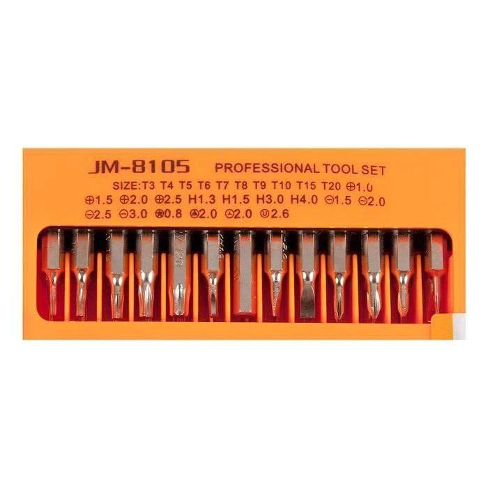 Jakemy Jm-8105 27 In 1 Screwdriver Kit - an orange plastic case containing a row of various metal screwdriver bits with sizes printed above them.