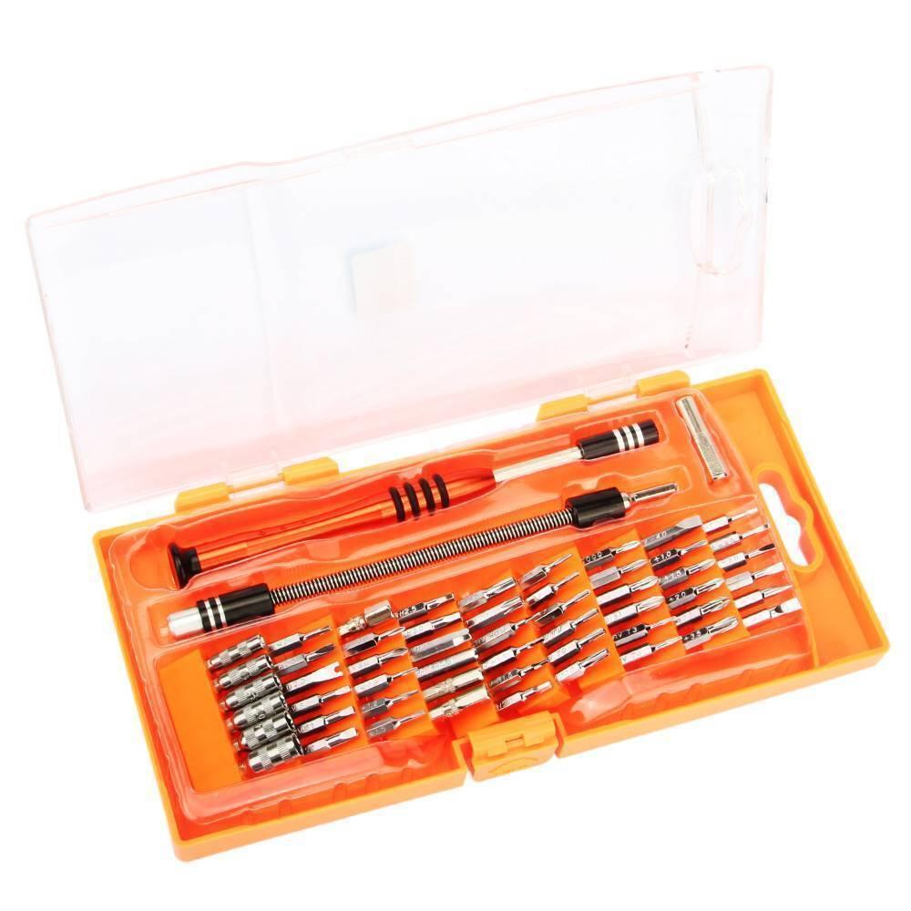 Jakemy Jm-8126 58 In 1 Screwdriver Ratchet Hand-tools Suite Furniture Computer Electrical Maintenance Tools - set in an open orange plastic case, showing a handle, a flexible extension shaft, and various metal screwdriver bits.